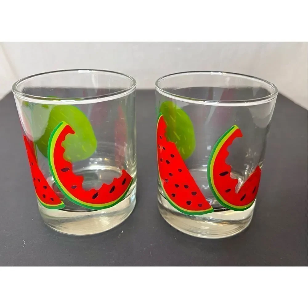 2 Vintage Watermelon Glasses, Lowballs, Cocktail Glasses EVC